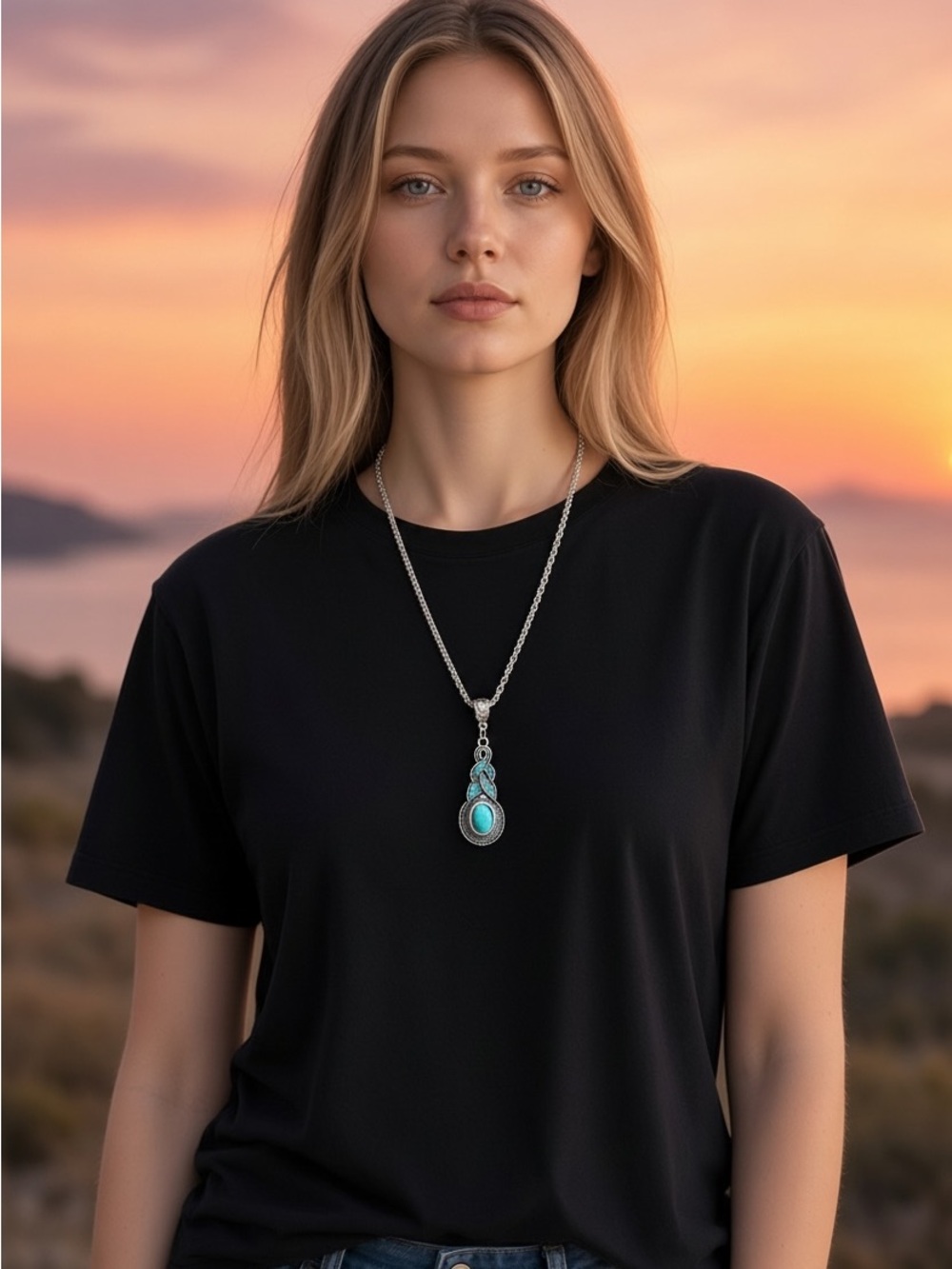 Turquoise Teardrop Pendant Necklace - Silver Tone